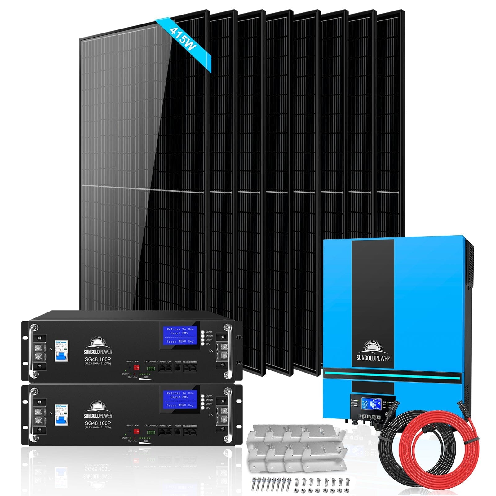 Off-Grid Solar Kit 6500W 48VDC 120VAC LifePo4 10.24KWH Lithium Battery 8 X 415W Solar Panels SGR-6510E SunGoldPower Server Rack Solar Kits