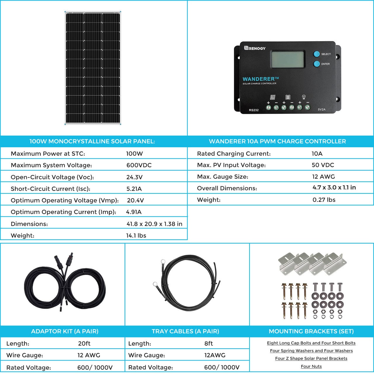 Renogy 100W 12V Monocrystalline Solar Starter Kit w/Wanderer 10A Charge Controller Renogy Solar Power Kits