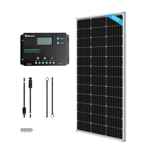 Renogy 100W 12V Monocrystalline Solar Starter Kit w/Wanderer 10A Charge Controller Renogy Solar Power Kits