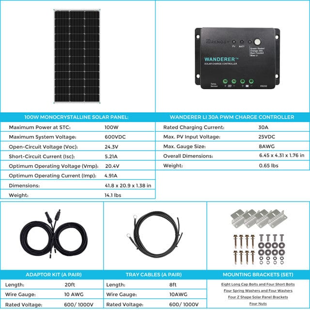 Renogy 100W 12V Monocrystalline Solar Starter Kit w/Wanderer 30A Charge Controller Renogy Solar Power Kits