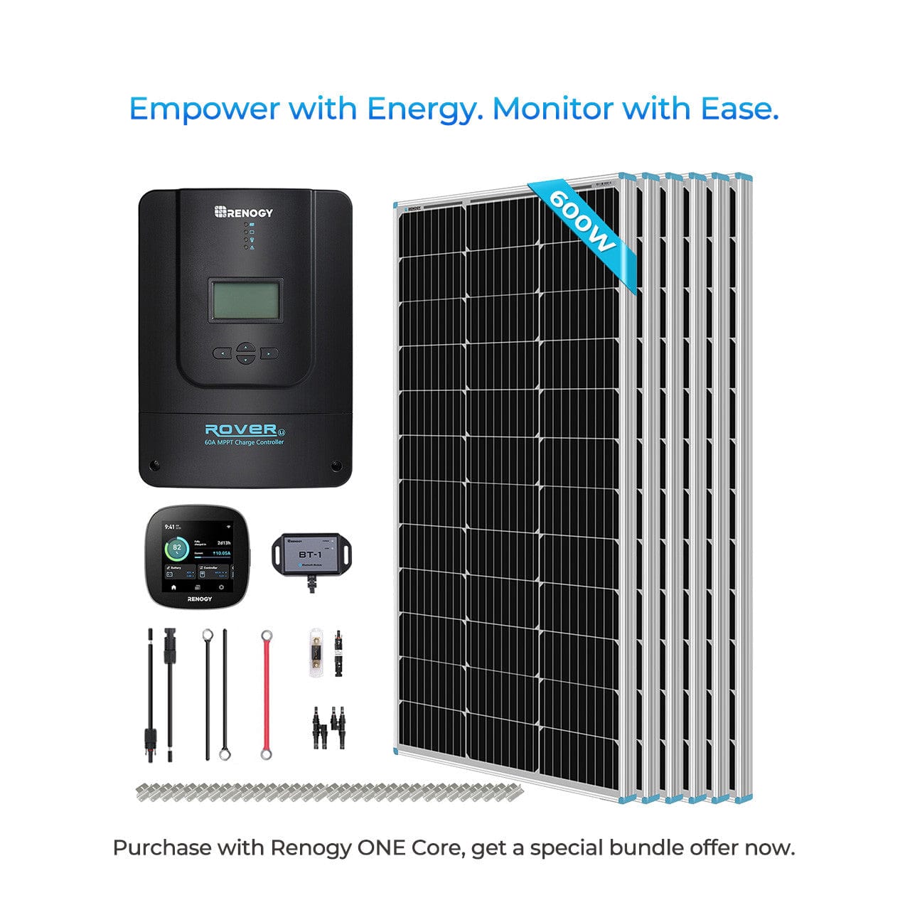 Renogy 600W 12V/24V Monocrystalline Solar Premium Kit w/Rover 60A Charger Controller Renogy w/Renogy ONE Core ( Super value bundle ) Solar Power Kits