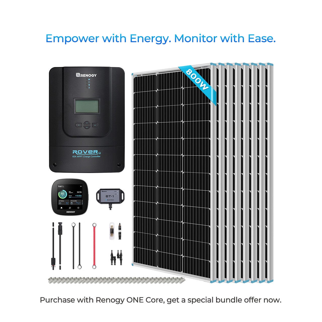 Renogy 800W 12V/24V Monocrystalline Solar Premium Kit w/Rover 60A Charger Controller Renogy w/Renogy ONE Core ( Super value bundle ) Solar Power Kits