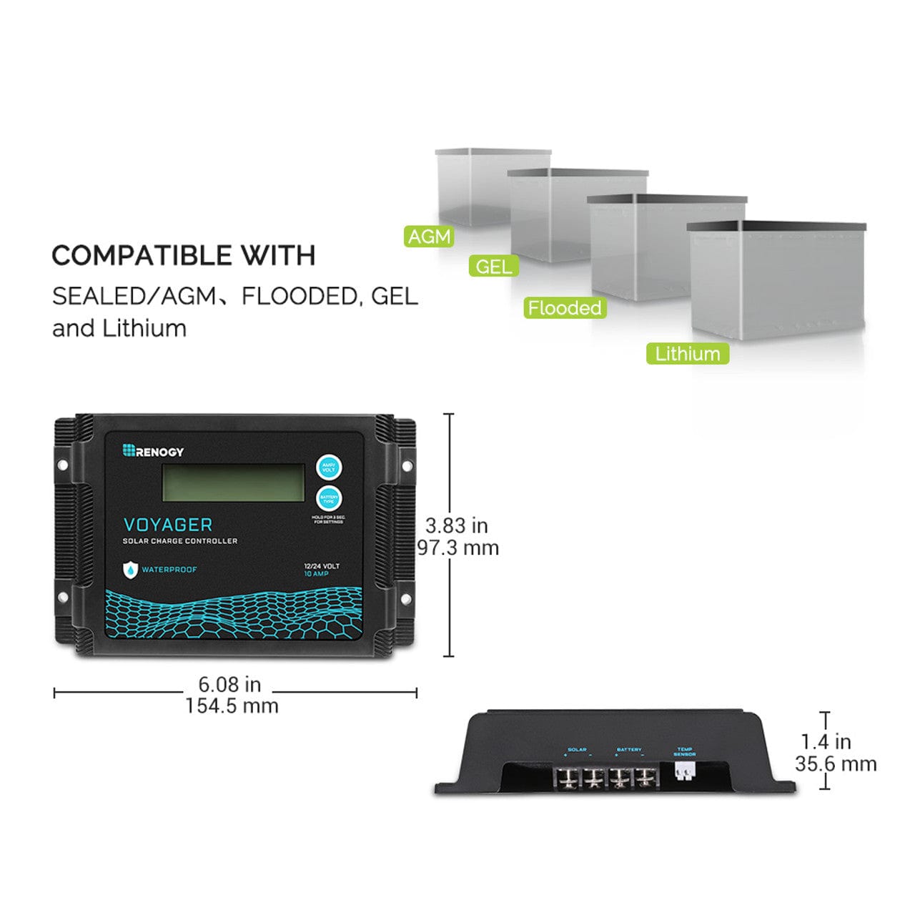 Renogy New Edition Voyager 10A PWM Waterproof Solar Charge Controller Renogy Solar Charge Controllers