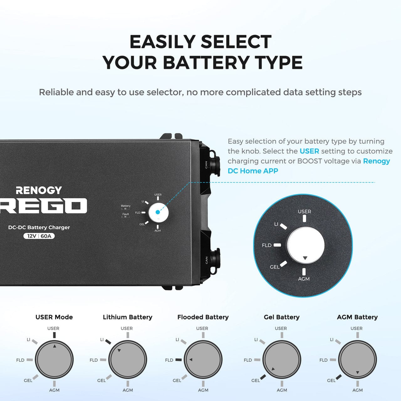 Renogy REGO 12V 60A DC-DC Battery Charger w/ Renogy ONE Core Renogy Batteries