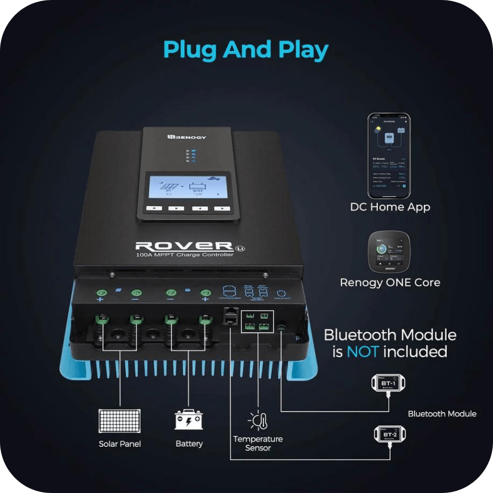 Renogy Rover 100 Amp MPPT Solar Charge Controller & BT-1 & Renogy ONE Core Renogy Solar Charge Controllers