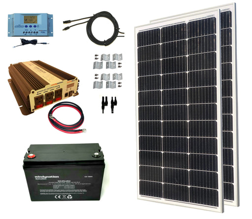 Windy Nation 1x 100Ah Battery + 1x P30L Charge Controller + 1x 1500W Inverter + 2x 100W Monocrystalline Solar Panel Complete Kit Windy Nation In Stock Solar Panel Kits