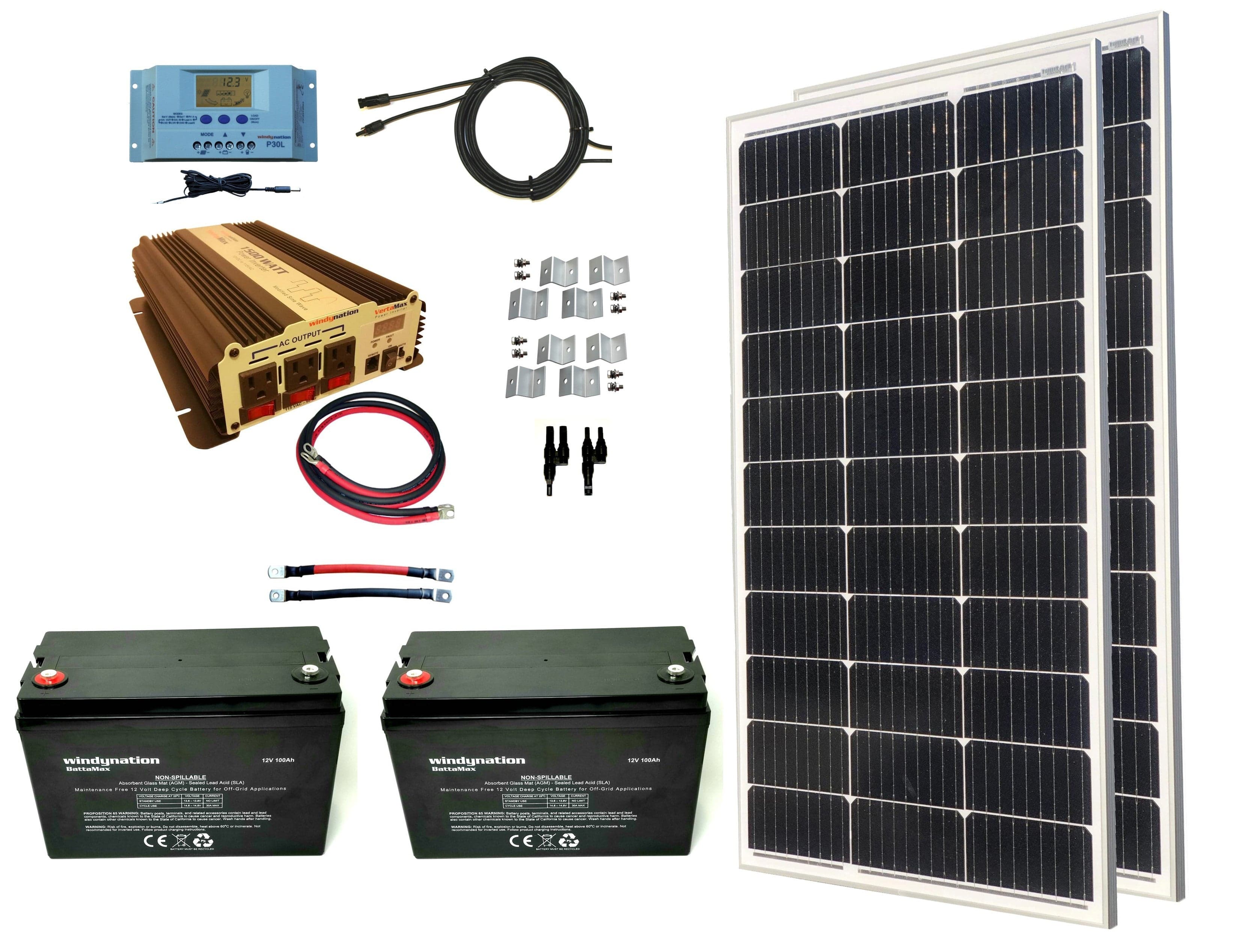 Windy Nation 2x 100Ah Battery + 1x P30L Charge Controller + 1x 1500W Inverter + 2x 100W Monocrystalline Solar Panel Complete Kit Windy Nation In Stock Solar Panel kits