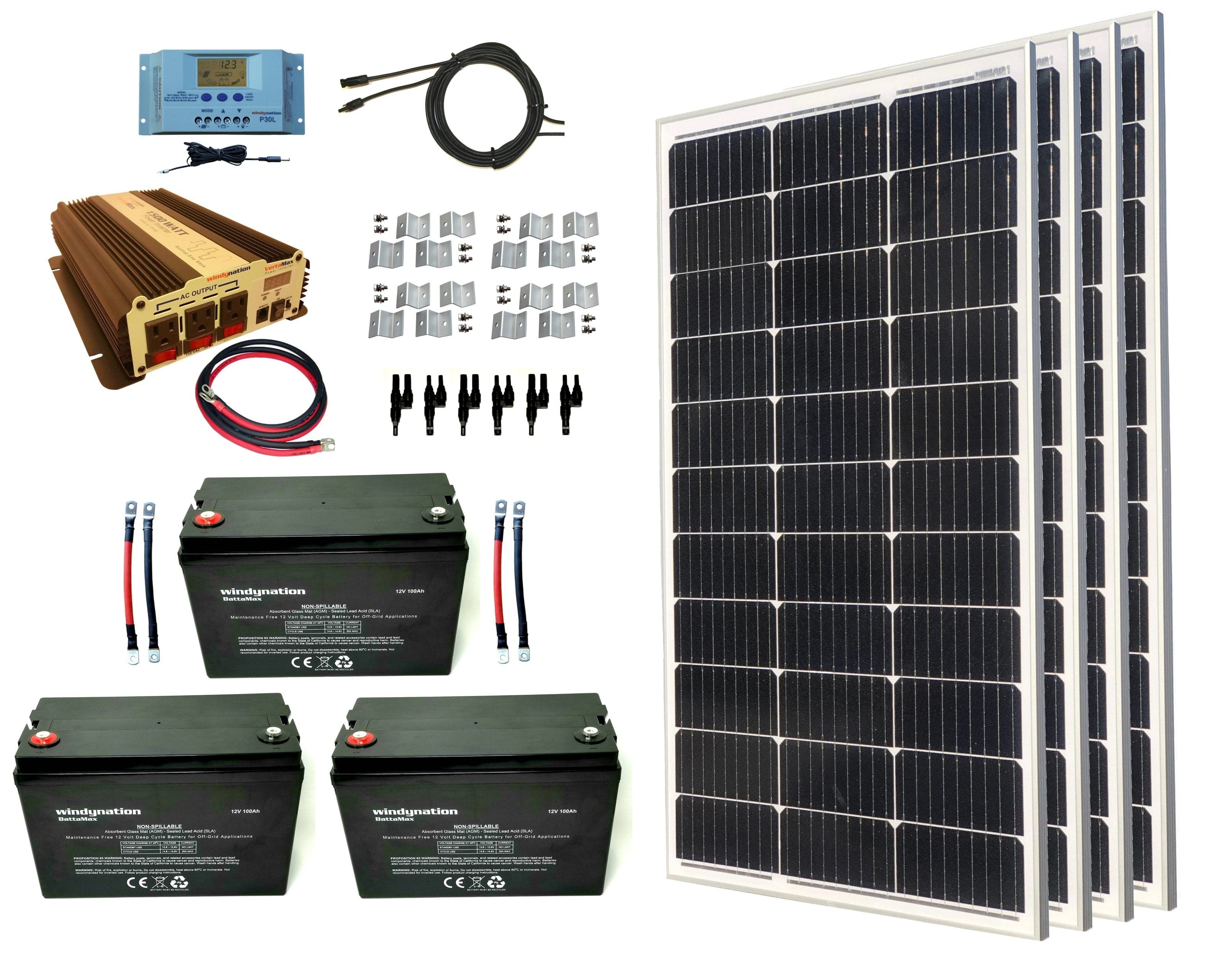 Windy Nation 3x 100Ah Battery + 1x P30L Charge Controller + 1x 1500W Inverter + 4x 100W Monocrystalline Solar Panel Complete Kit Windy Nation In Stock Solar Panel Kits