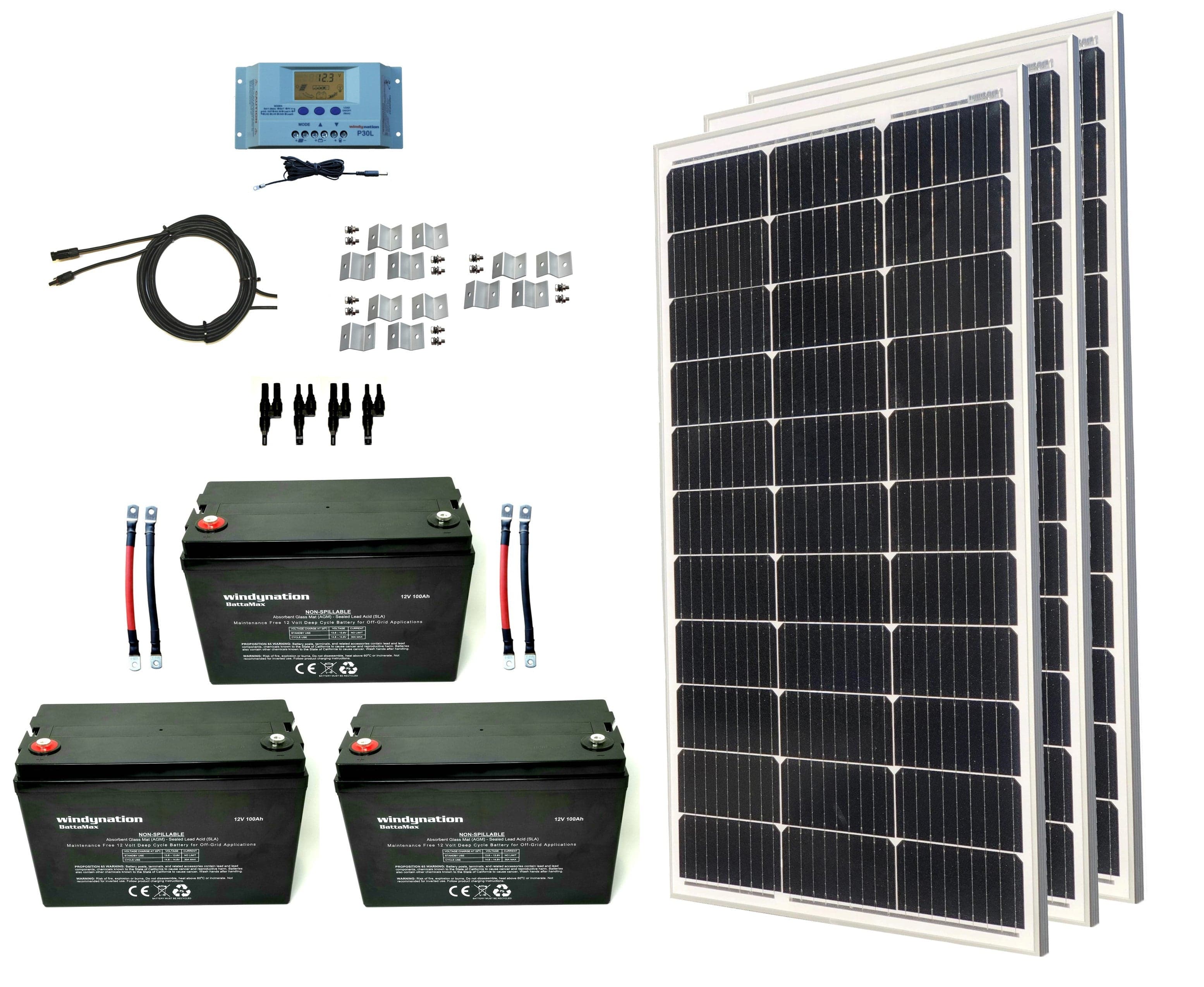 Windy Nation 3x 100Ah Battery + 3x 100W Monocrystalline Solar Panel Kit Windy Nation In Stock Solar Panel Kits