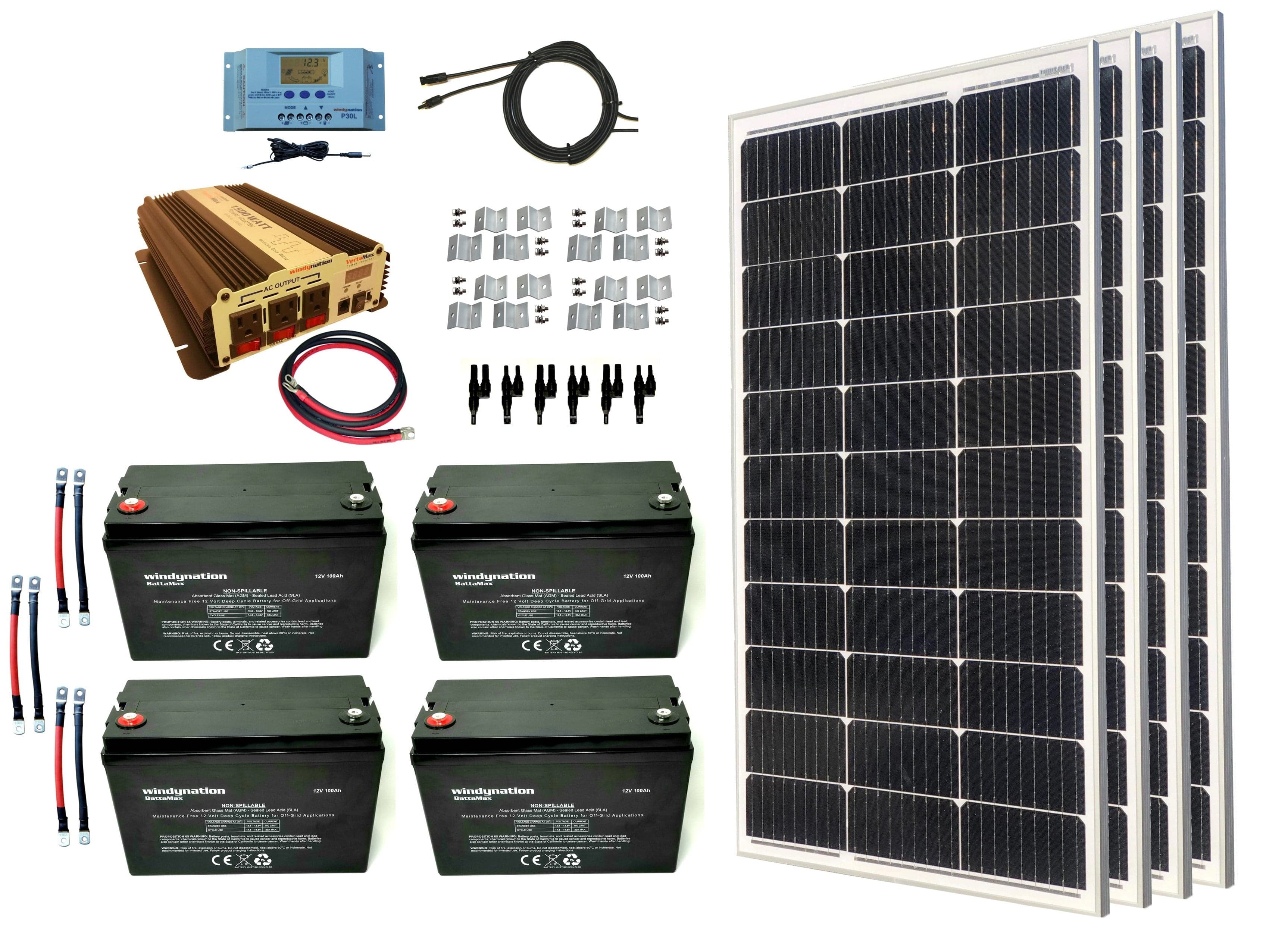 Windy Nation 4x 100Ah Battery + 1x P30L Charge Controller + 1x 1500W Inverter + 4x 100W Monocrystalline Solar Panel Complete Kit Windy Nation In Stock Solar Panel Kits