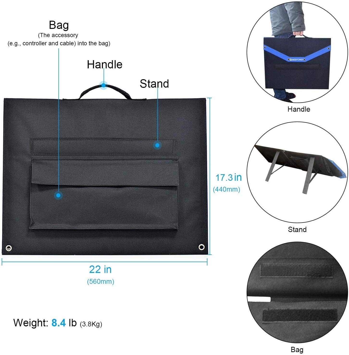 120W Portable Solar Panel Foldable Suitcase With Built In Integrated output Box AcoPower Portable Panels